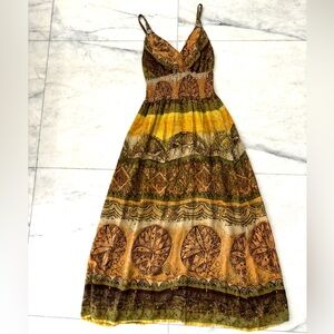 Y2K Madrag Dress Maxi Tribal Print V Neck Spaghetti Strap Smocked Women’s S Boho